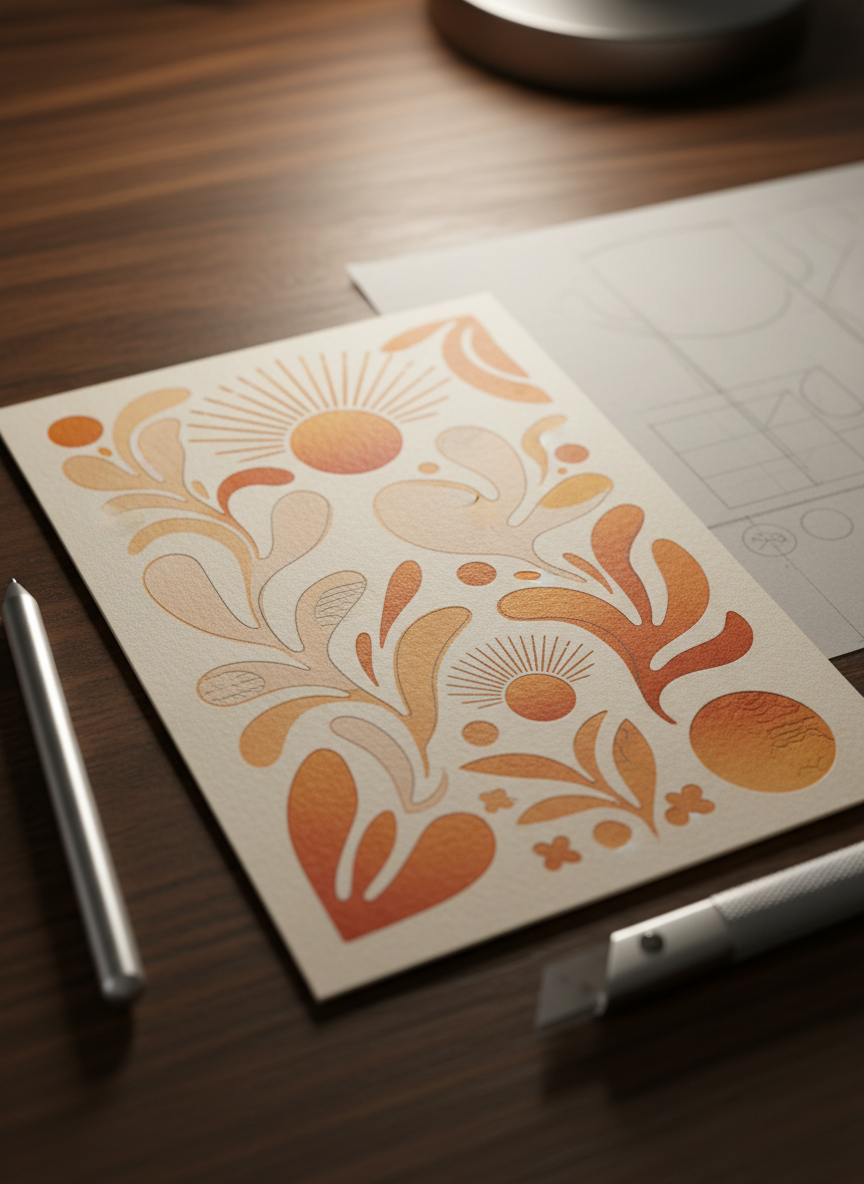A detailed, photographic close-up of a custom illustration for packaging design, printed on a pristine, uncoated card stock. The design features stylized botanical forms and abstract sunbursts in nine harmonized oranges, accented by fine line work in warm gray. The card rests on a dark walnut desk alongside a metal-cased tablet stylus, tracing paper with faint pencil marks, and a precision cutting knife. Side lighting from a nearby desk lamp casts a warm, directional glow, revealing the tooth of the paper and subtle embossing on certain graphic elements. Captured from a slightly elevated angle with shallow depth of field, the illustration is tack-sharp while the edges of the workspace blur gently. The mood is intimate, sophisticated, and distinctly custom-made.