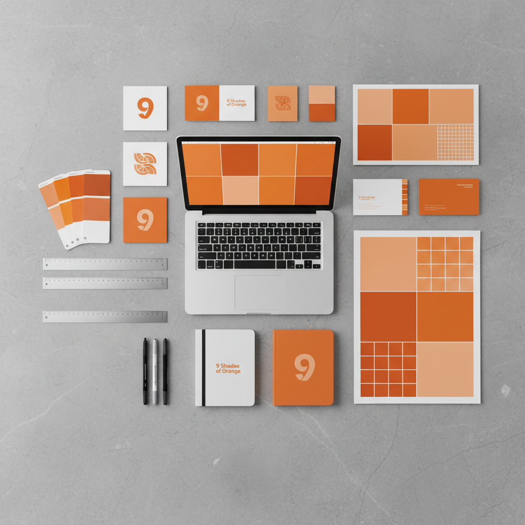 A meticulously staged flat-lay of graphic design work for 9 Shades of Orange arranged on a smooth stone tabletop. Custom logo explorations, business card mockups, and poster layouts are printed on heavyweight matte paper, each integrating nine distinct orange swatches in a clean, minimalist grid. A color-calibrated laptop displays a vector illustration, while nearby, Pantone-style color chips, metal rulers, and fine-liner pens add tactile detail. Soft, even studio lighting from above eliminates harsh shadows, creating a refined, editorial look. Photographic realism with sharp focus across the entire frame, shot directly overhead. The mood is polished, contemporary, and professional, clearly communicating high-end graphic design services and a cohesive, warm visual identity without using any human figures or readable text.