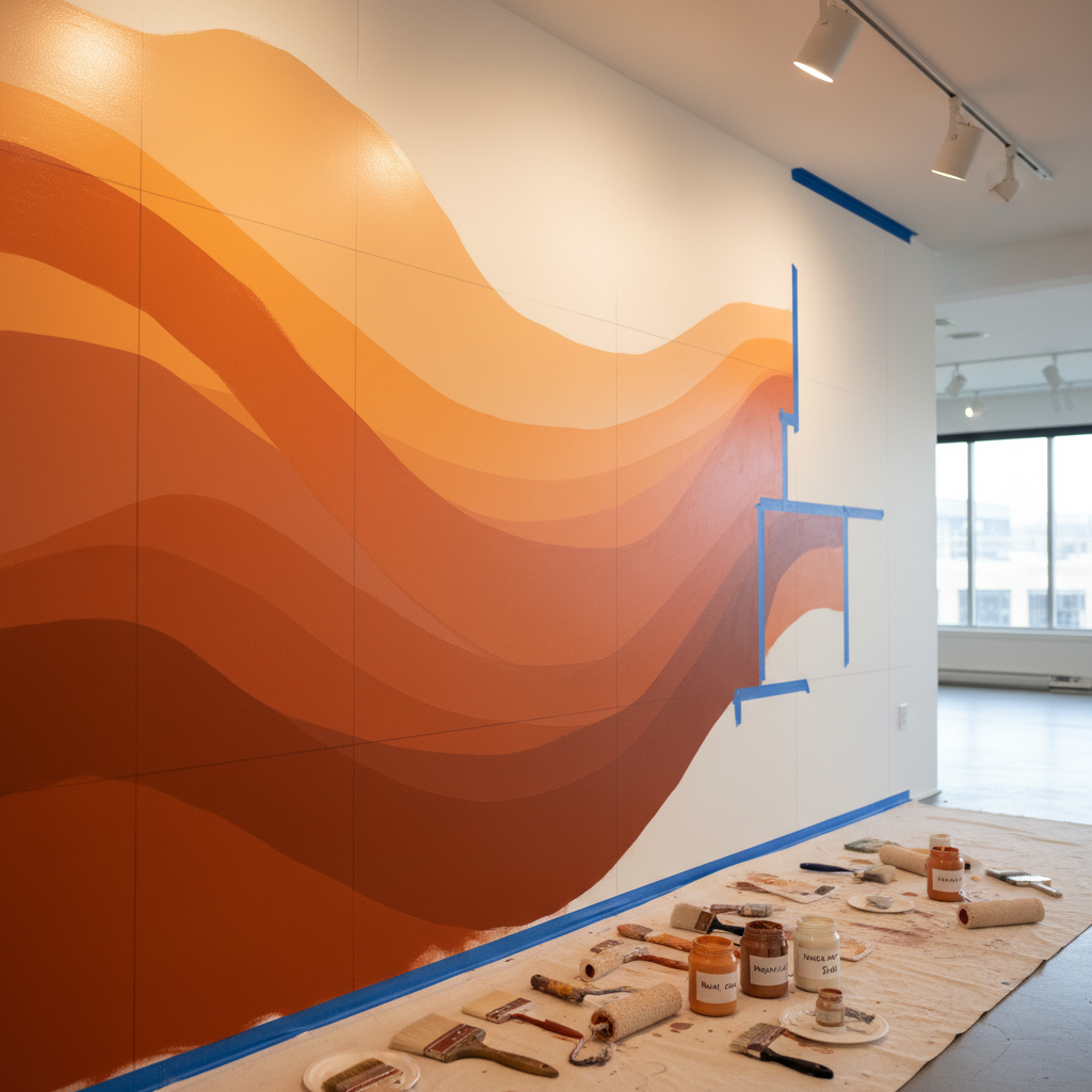 A close-up, photographic view of a custom mural in progress on a smooth interior wall, featuring layered, flowing bands of orange hues from deep burnt sienna to pale peach, intersected with precise graphite guidelines and masked-off shapes. A curated set of high-quality brushes, paint rollers, and neatly labeled paint jars in warm oranges and neutrals rests on a clean drop cloth at the base of the wall. Soft, diffused studio lighting from overhead track lights creates subtle highlights on the wet paint and soft shadows under the tools. Captured from a slightly low angle with shallow depth of field, the mural textures are crisp while the background fades gently. The atmosphere feels meticulous, modern, and artistic, emphasizing original, in-progress custom work.