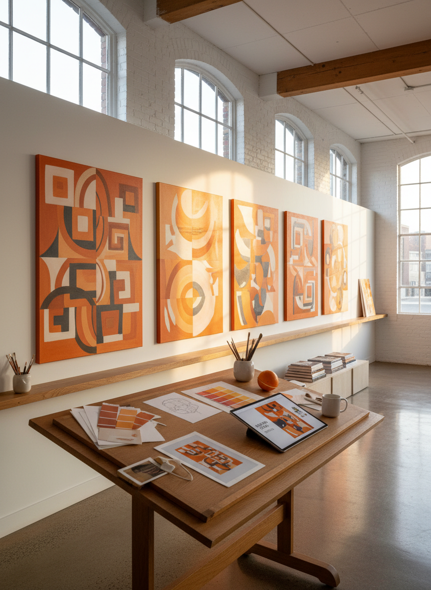 A large, sunlit creative studio showcasing a series of original mural concepts for “9 Shades of Orange.” Along a long white wall, four oversized canvases lean on a sleek oak ledge, each featuring abstract geometric forms and organic shapes in nine distinct, nuanced oranges complemented by charcoal gray and soft cream. A sturdy drafting table in the foreground holds paint swatches, graphite sketches, and a digital tablet displaying a vector graphic layout. Warm afternoon light pours through high windows, creating gentle reflections on the varnished concrete floor. Photographic realism, shot at eye level with a wide lens, capturing the full space in sharp focus. The mood is sophisticated, professional, and quietly vibrant, showcasing custom artwork and design without any people present.