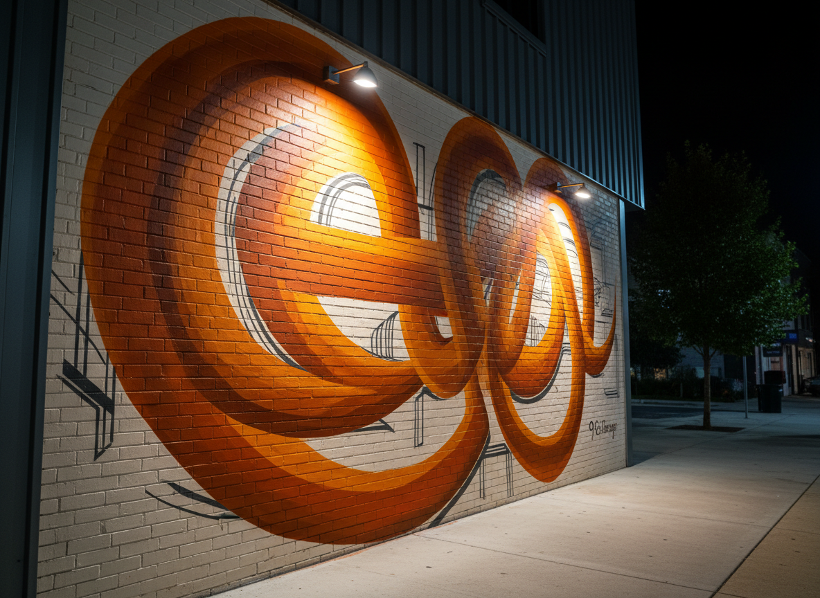 A dramatic, photographic night view of an outdoor wall featuring a large-scale commissioned mural by 9 Shades of Orange. The mural combines bold, sweeping calligraphic curves in layered orange tones with intricate, architectural line work in deep charcoal, stretching across a brick façade that has been freshly primed and smoothed. Two narrow, adjustable wall spotlights cast focused beams of warm light, creating striking highlights on the painted surface and rich shadows in the brick texture. Shot from a slightly oblique angle, the composition emphasizes the mural’s scale while including just enough of the surrounding minimal urban environment for context. The atmosphere is sophisticated and cinematic, conveying exclusivity and artistry, with crisp detail and no people present.