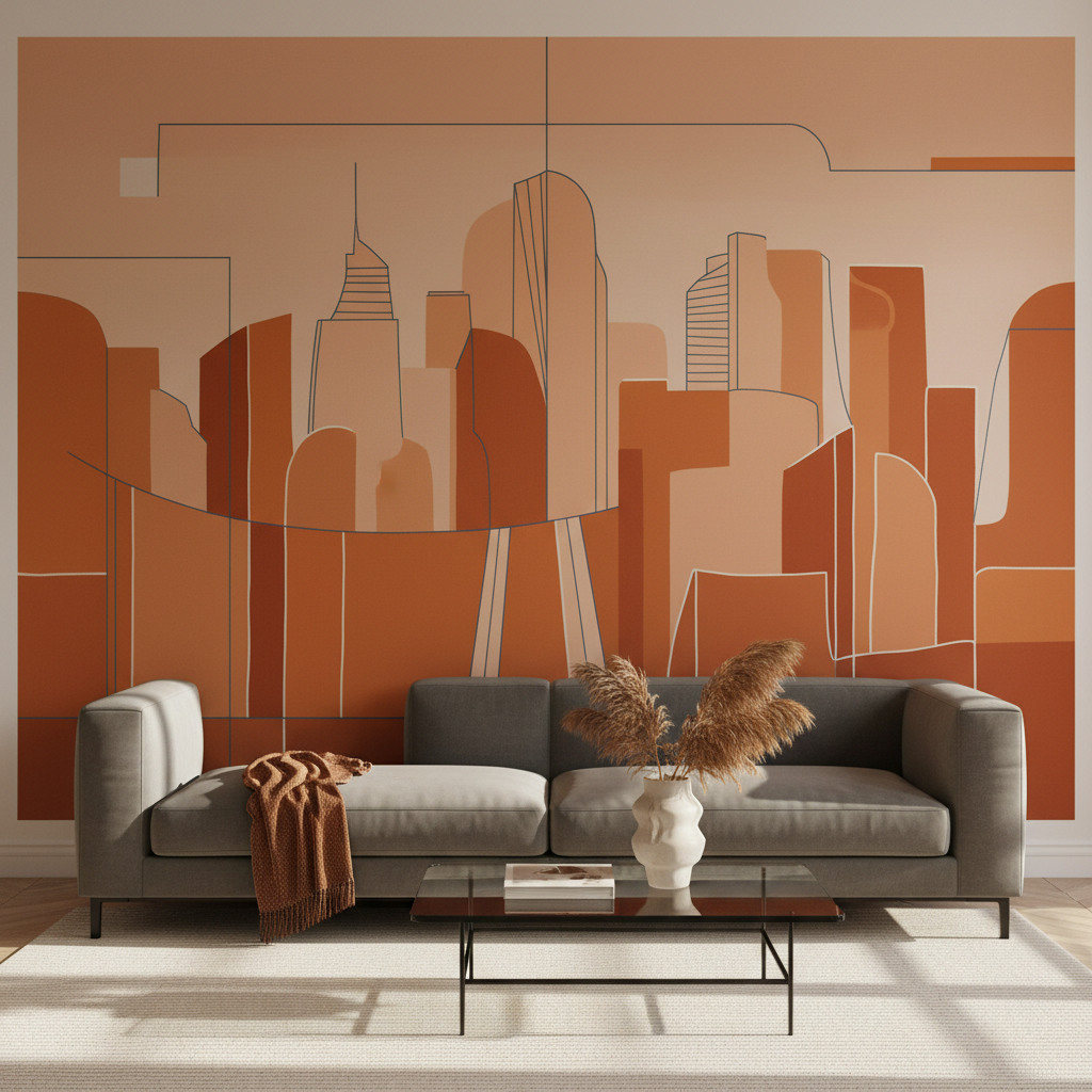A refined home interior scene featuring a bespoke wall mural as the focal point of a modern living room. The mural spans an entire accent wall, depicting a sophisticated abstract cityscape rendered in nine carefully balanced shades of orange, with fine linear details in muted navy and ivory. A low-profile charcoal sofa and a minimalist glass coffee table sit in front, styled with a single rust-colored throw and an architectural ceramic vase. Golden hour sunlight streams in from an unseen window, creating soft, elongated shadows and a warm glow that amplifies the orange tones. Photographic realism, composed using the rule of thirds from an eye-level perspective, with crisp focus throughout. The mood is elevated, elegant, and inviting, spotlighting the mural as a one-of-a-kind commission.
