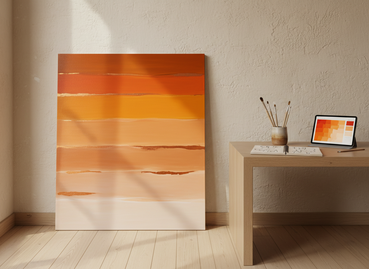 A serene, high-end workspace featuring a large custom canvas leaning against a textured plaster wall, designed as a commission preview for a client. The artwork shows an abstract, layered composition of nine orange tones blending into soft taupes and off-whites, with subtle metallic copper accents catching the light. Nearby, a minimalist oak desk holds a sketchbook open to pencil thumbnails, an elegant tablet displaying a digital color study, and neatly arranged brushes in a stoneware cup. Gentle north-facing window light bathes the space, creating delicate, soft-edged shadows and a calm, contemplative mood. Photographic realism, framed with asymmetrical balance and moderate depth of field, emphasizing both the artwork and the refined workspace around it.